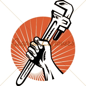 illustration-of-a-plumber-hand-holding-monkey-wrench-side-view-set-inside-circle-with-sunburst-done-in-retro-style